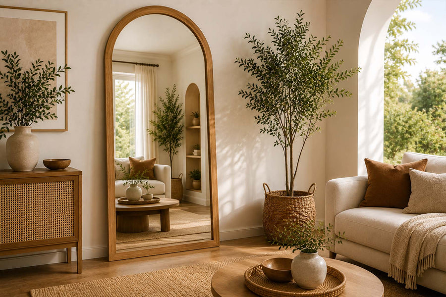 Elegant wooden arch mirror in warm modern living room interior