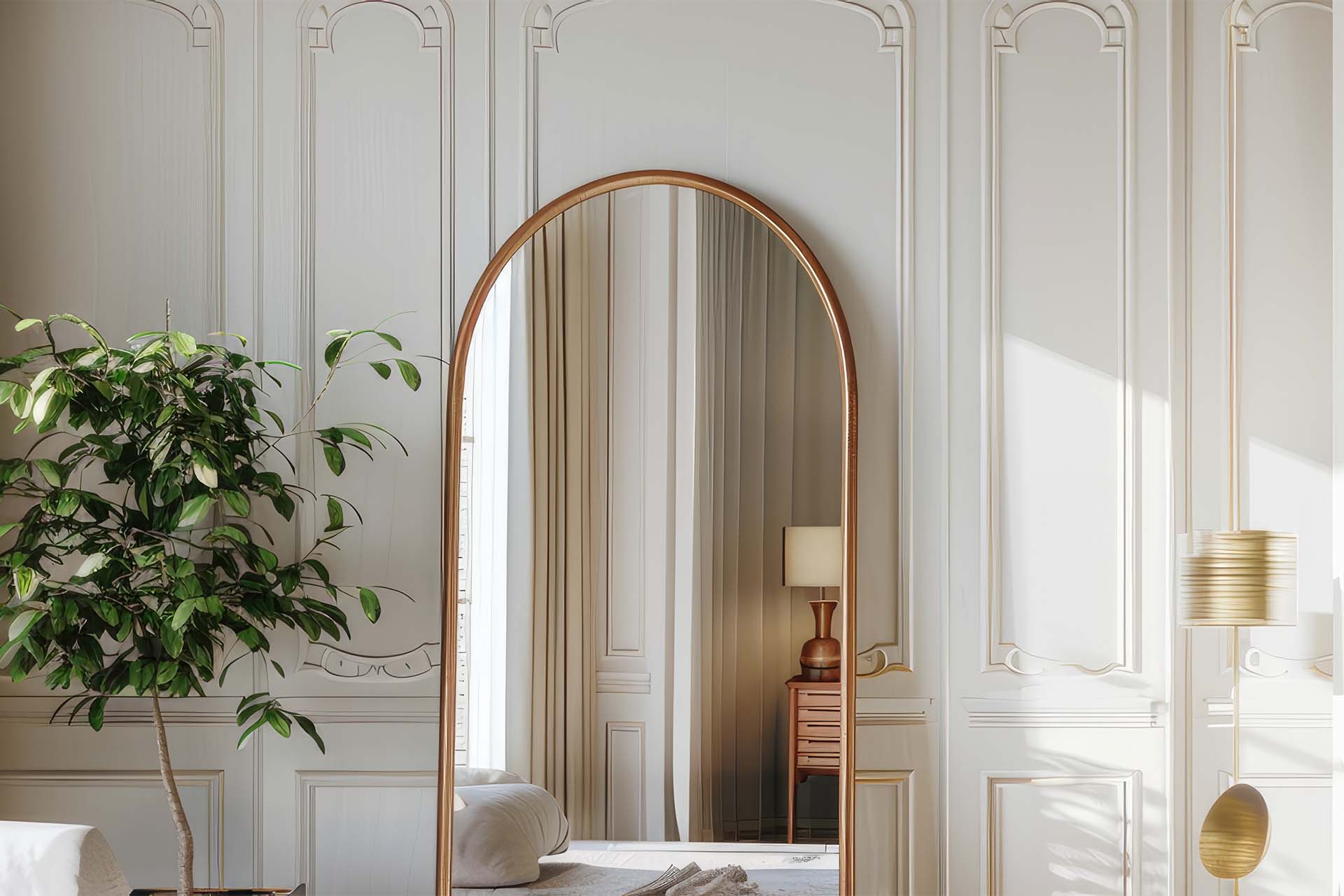 large arched floor mirror in elegant living room interior with decorative wall panels and indoor plant