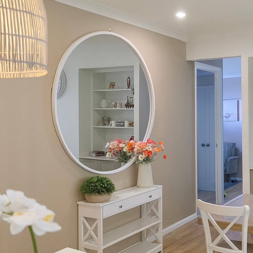 Round Timber Frame Large Wall Mirror 120cm & 150cm – Modern Oversized Wooden Mirror