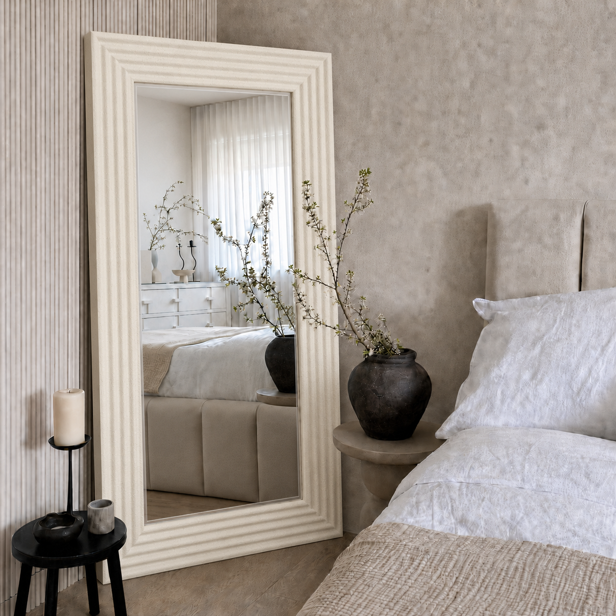 LORA White Concrete Ribbed Wall Mirror