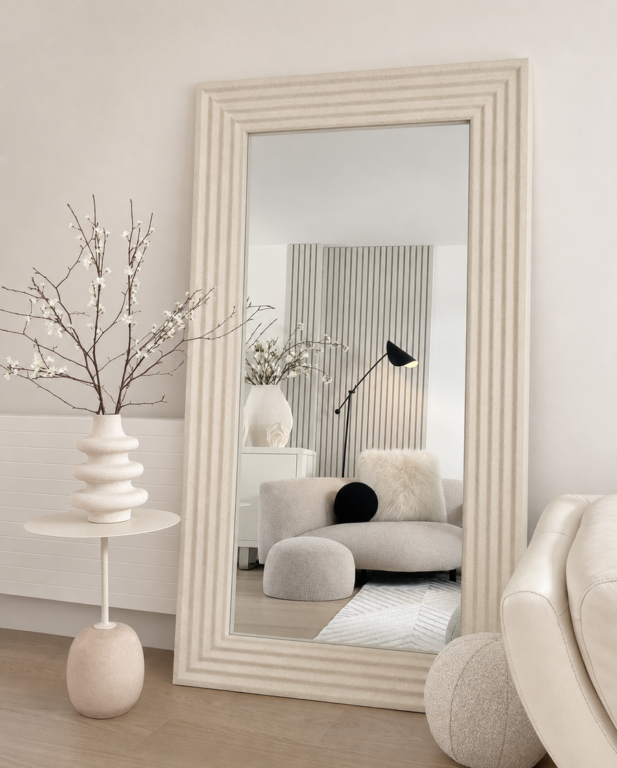 LORA White Concrete Ribbed Wall Mirror